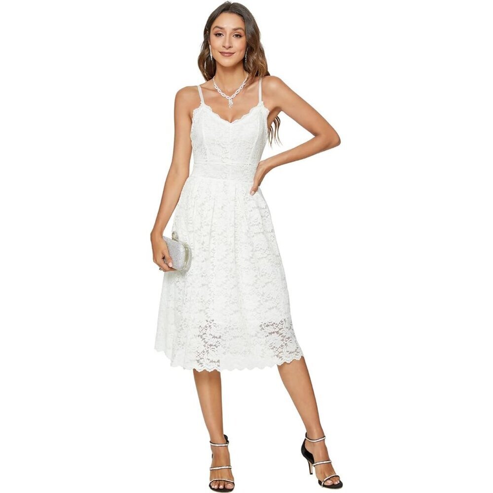 Women's Lace Floral Overlay V Neck Sleeveless Cocktail Dress Medium